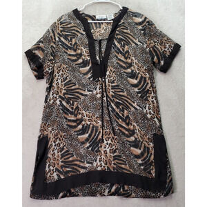 CZ Cover-Ups Sheath Dress Women's L Multi Sheer Leopard Print V‎ Neck Drawstring